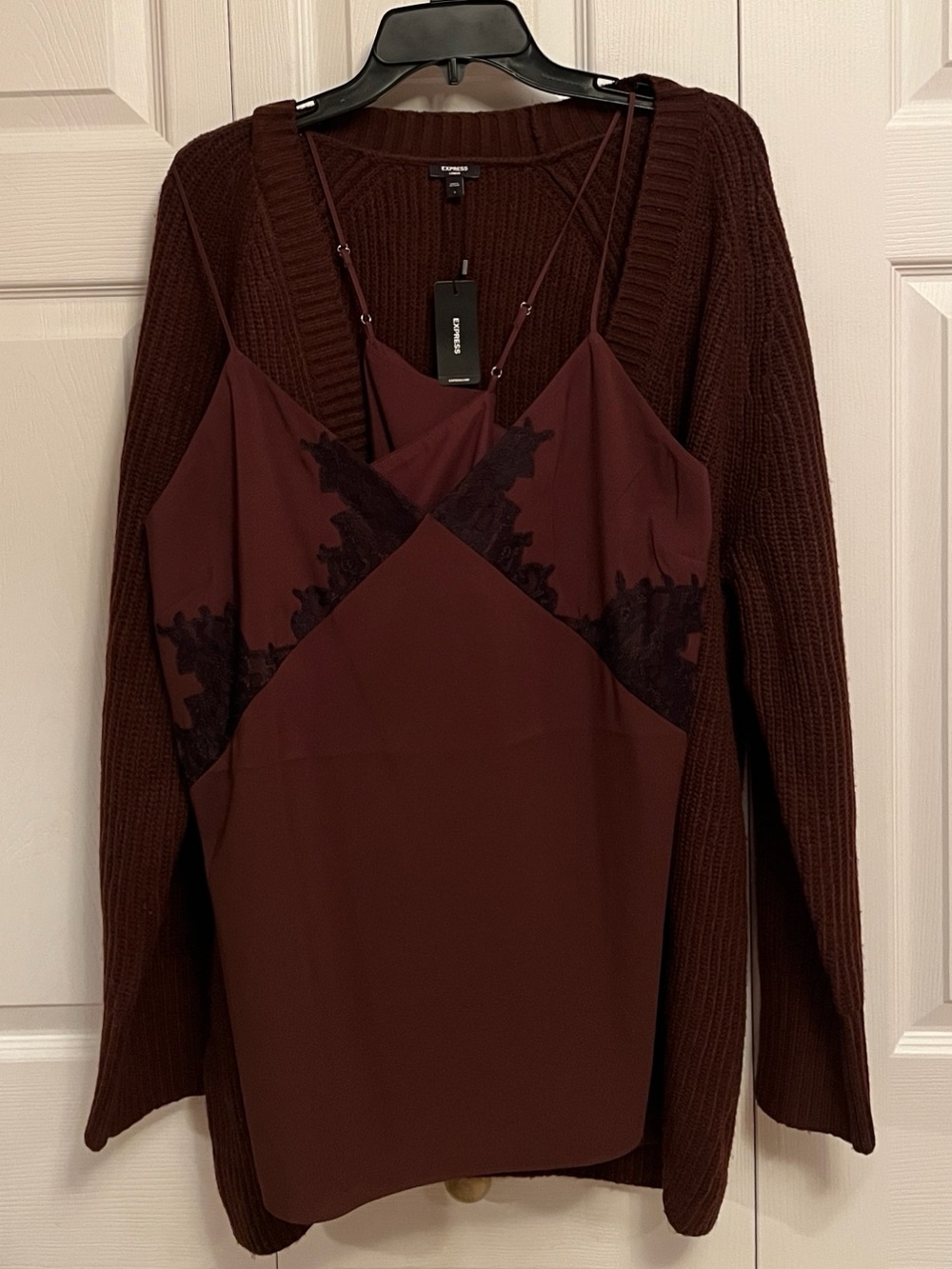 NEW NWT Express FALL Collection, Burgundy Lace-Trim Cami with Knit Cardigan
